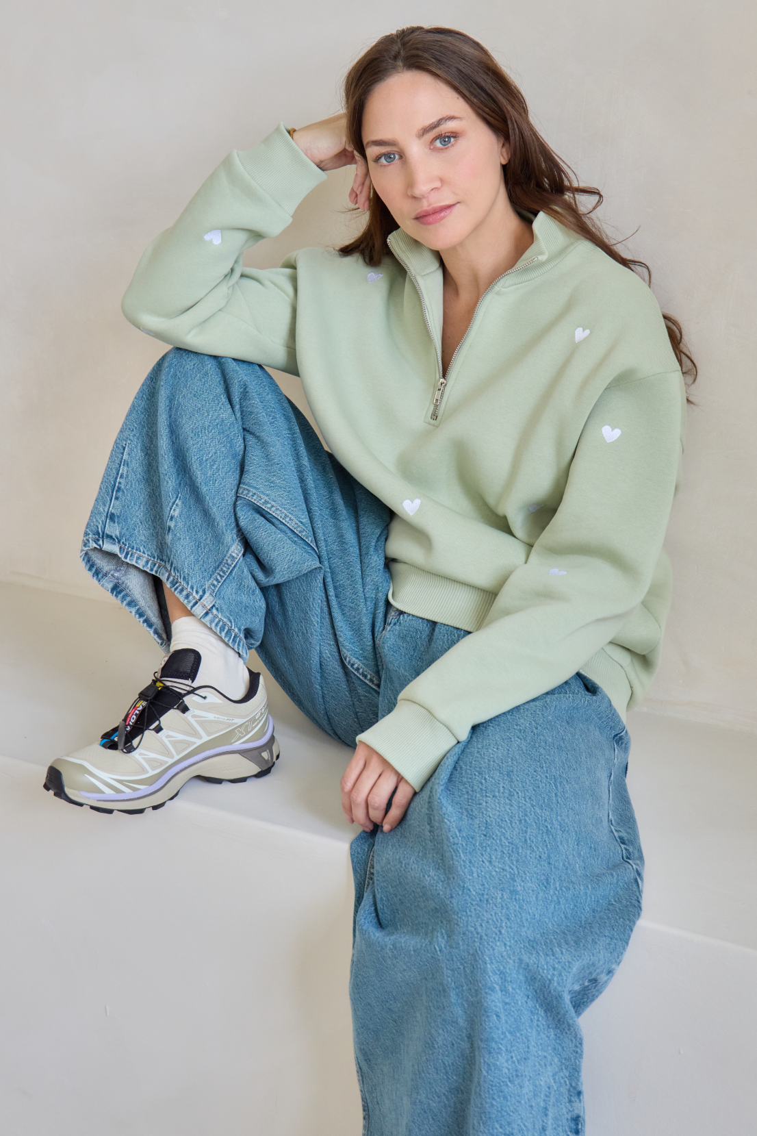 O&F Sage Heart Embroidered Quarter Zip Sweatshirt