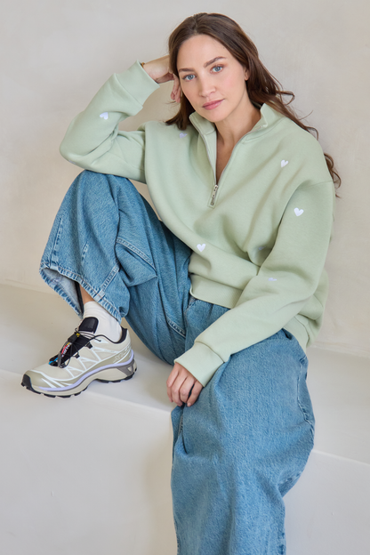O&F Sage Heart Embroidered Quarter Zip Sweatshirt