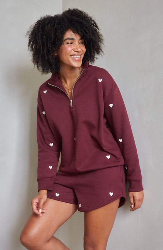 Sample: Burgundy Heart Embroidered Sweatshirt and Shorts - Small