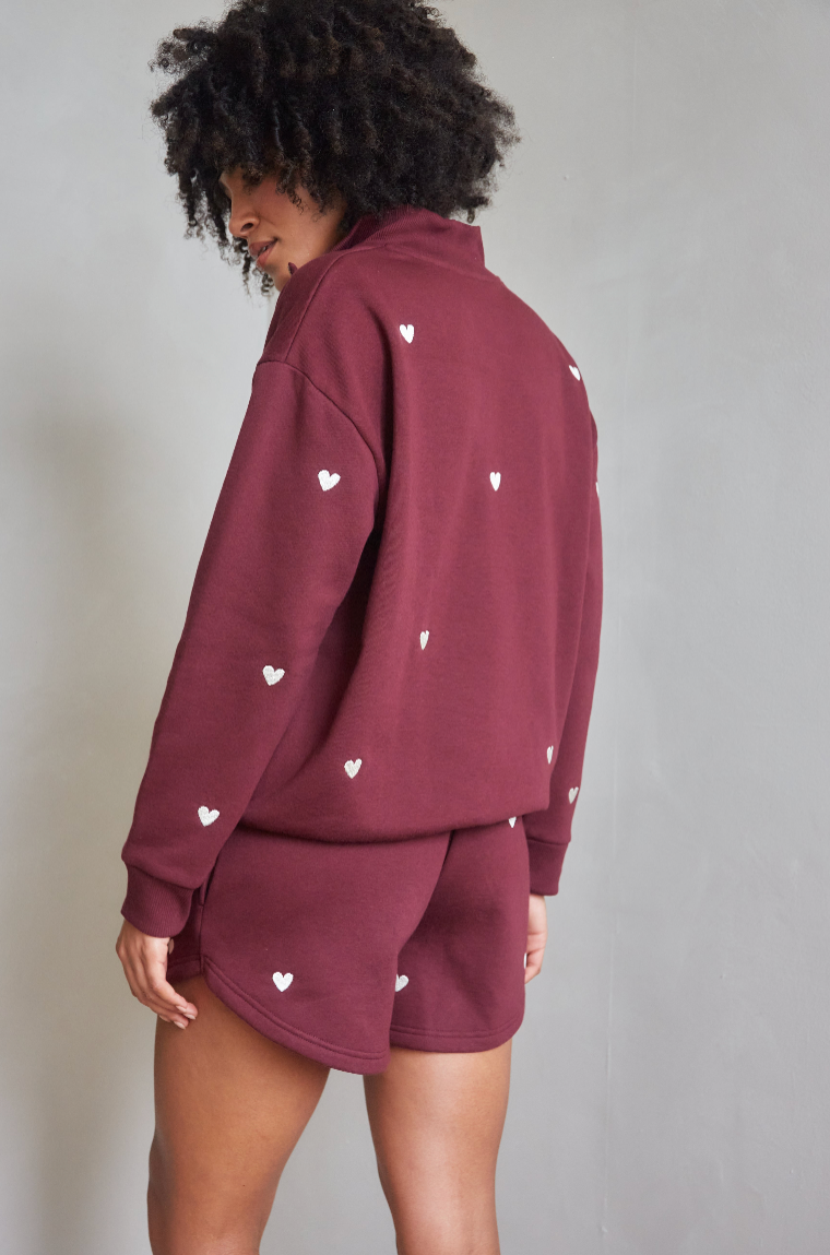 Sample: Burgundy Heart Embroidered Sweatshirt and Shorts - Small