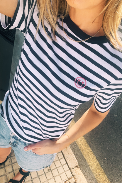 O&F Smiley Embroidered Short Sleeve Breton Tee