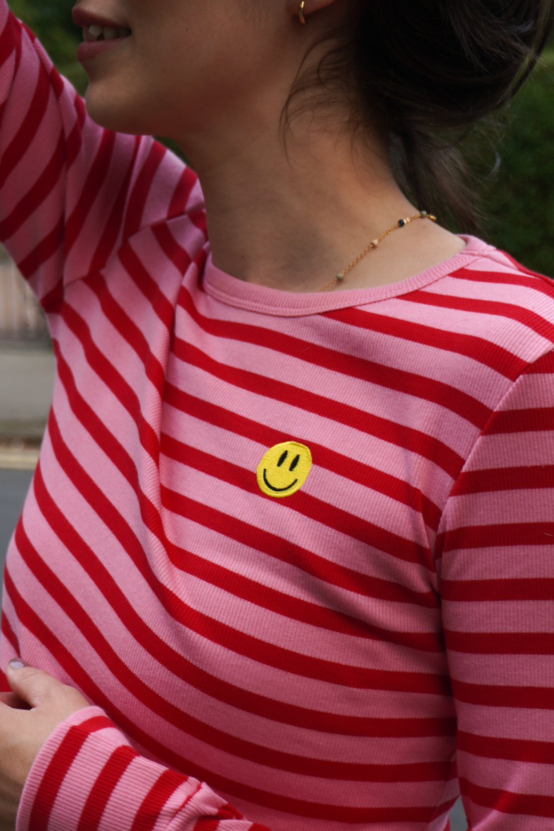 O&F Happy Face Long Sleeve Rib Stripe Tee