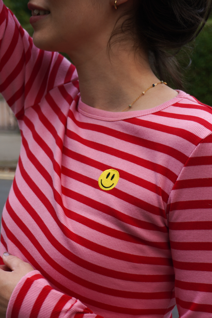 O&F Happy Face Long Sleeve Rib Stripe Tee