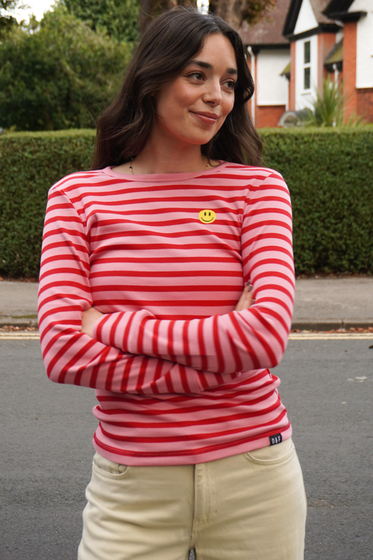 O&F Happy Face Long Sleeve Rib Stripe Tee