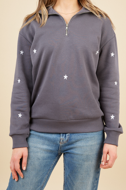 O&F Star Embroidered Quarter Zip Sweatshirt - Grey