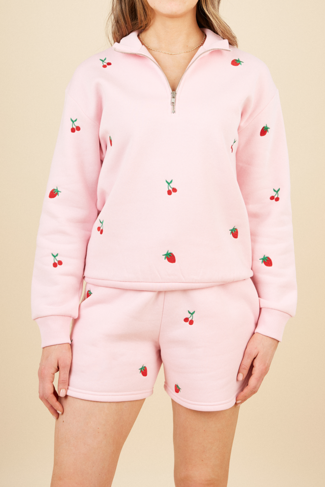 O&F Fruit Embroidered Quarter Zip Sweatshirt - Pink