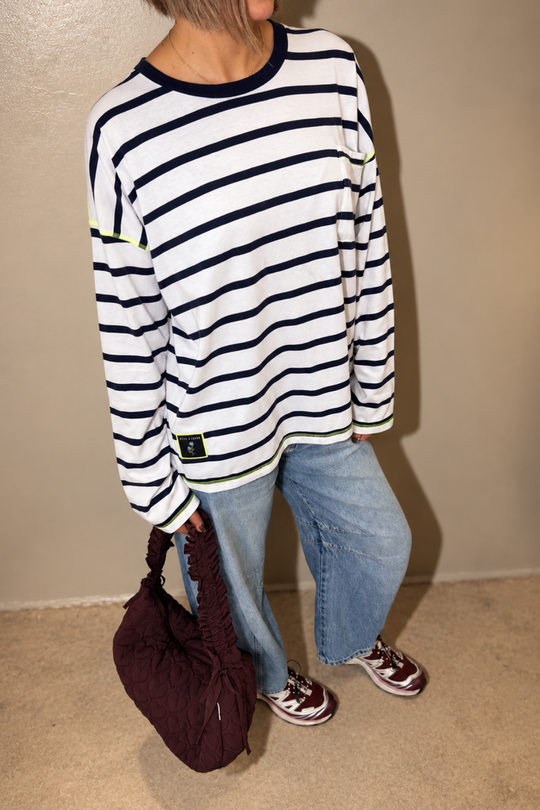 O&F Stripe Pocket Oversize Long Sleeve Tee