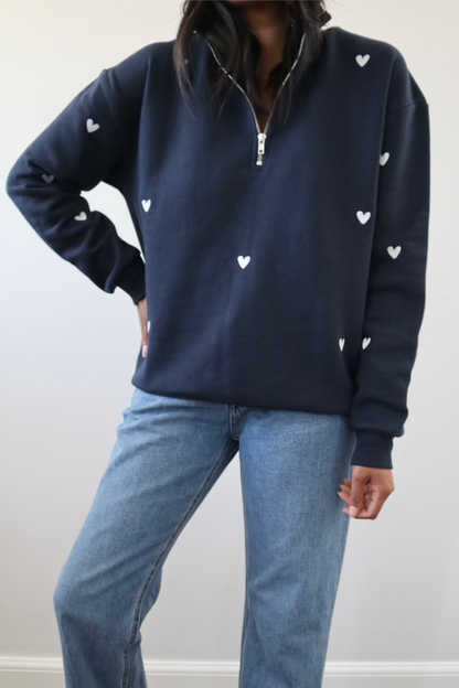 O&F Navy Heart Embroidered Quarter Zip Sweatshirt