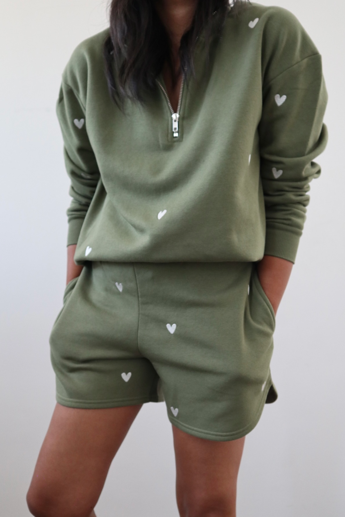 O&F Olive Heart Embroidered Quarter Zip Sweatshirt
