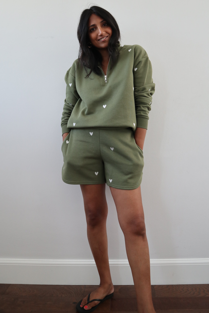 O&F Olive Heart Embroidered Shorts