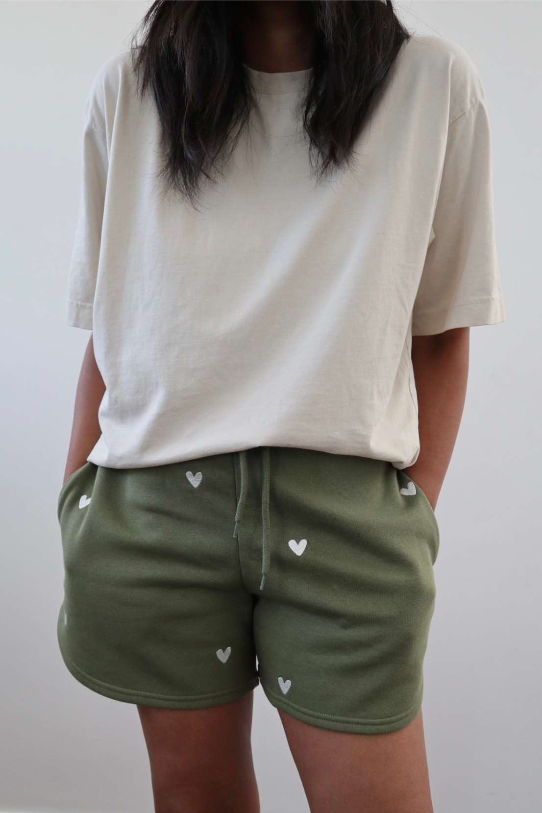 O&F Olive Heart Embroidered Shorts