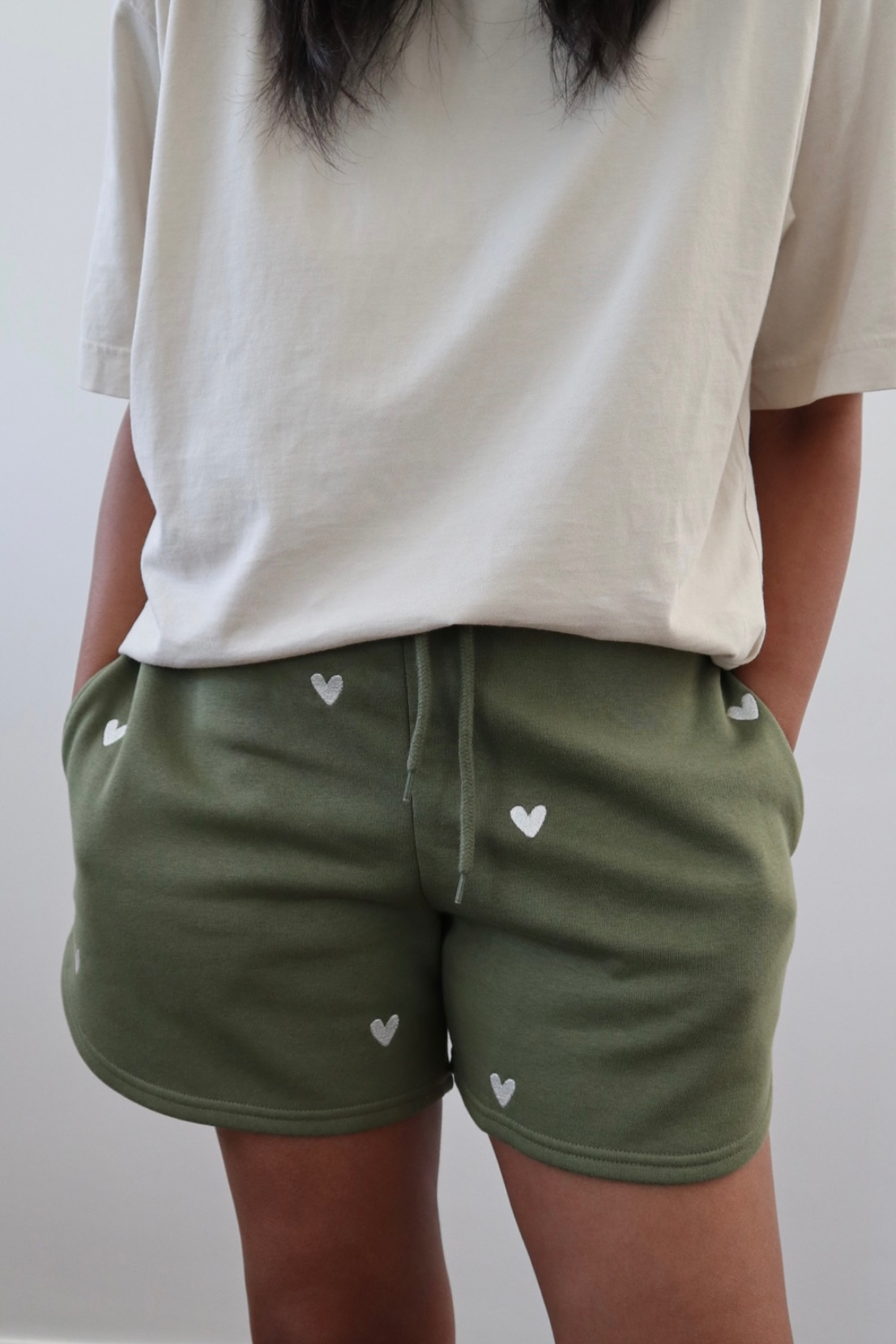 O&F Olive Heart Embroidered Shorts