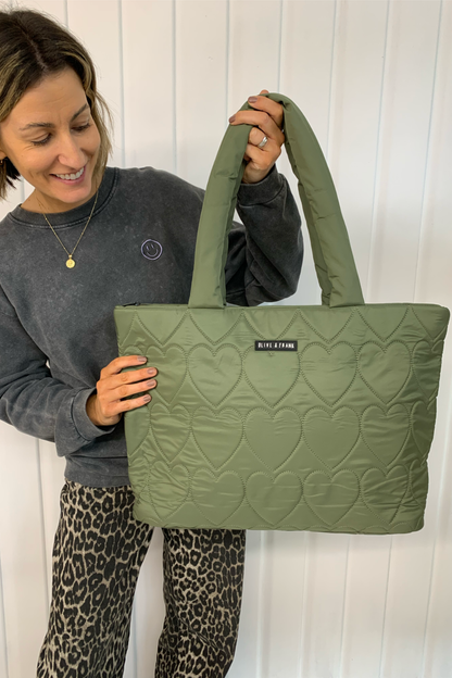 Quilted Heart Tote Bag - Olive Green