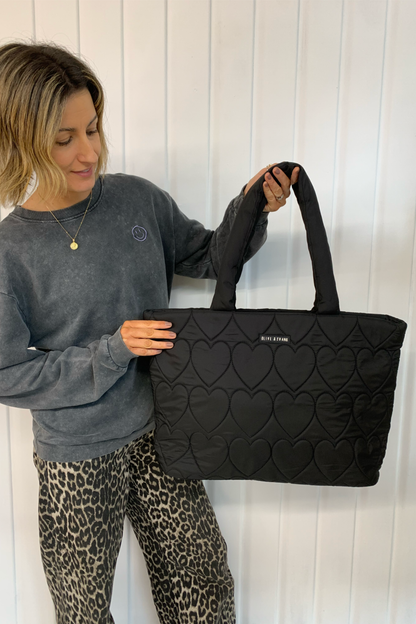 Quilted Heart Tote Bag - Black