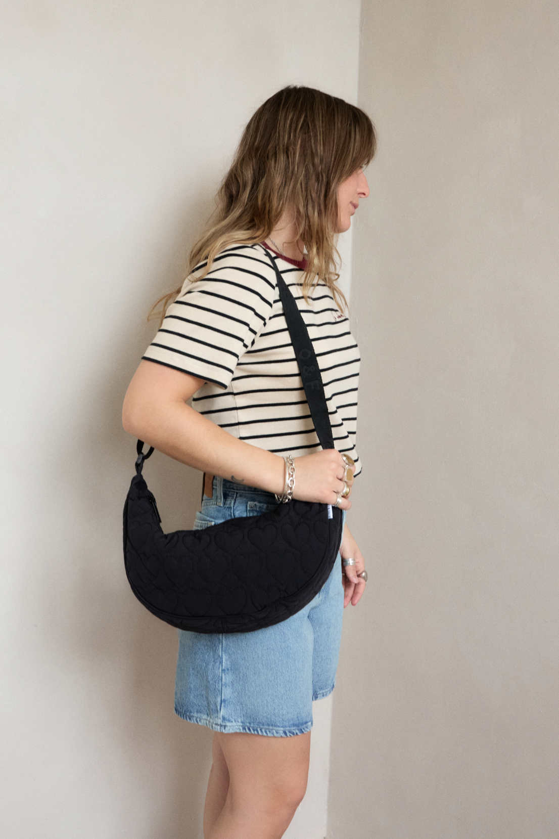 Heart Quilted Cross Body Bag -  Black