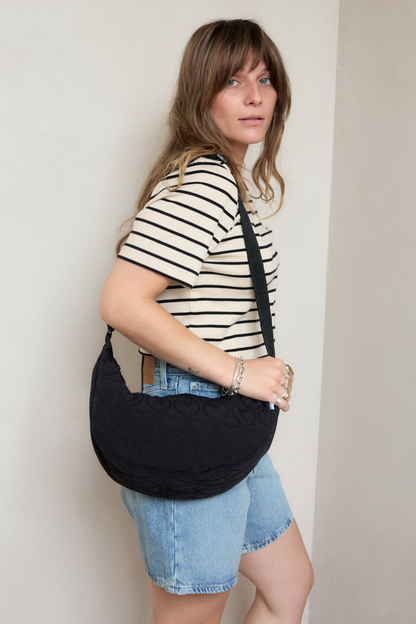 Heart Quilted Cross Body Bag -  Black