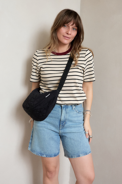 Heart Quilted Cross Body Bag -  Black