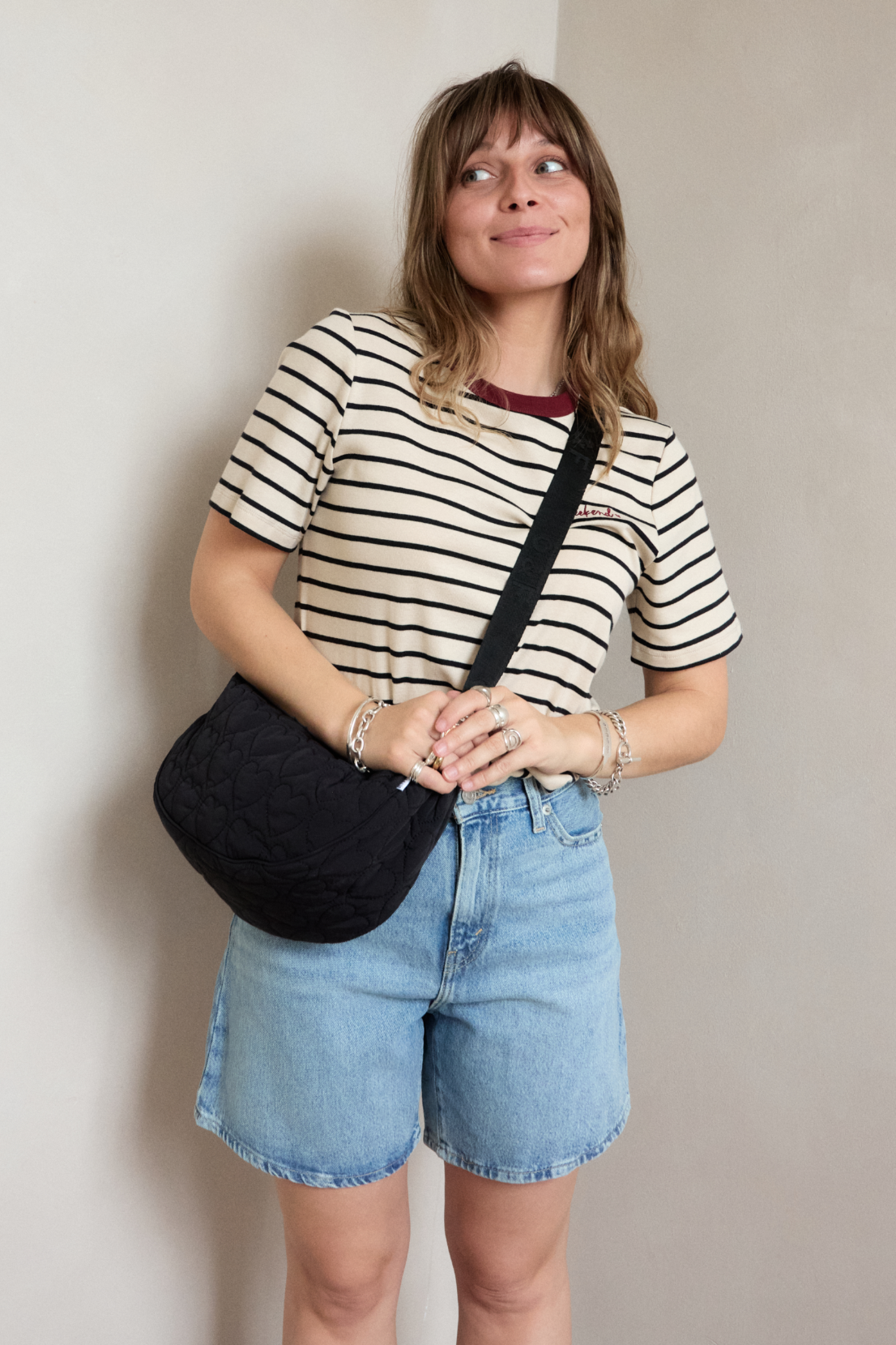 Heart Quilted Cross Body Bag -  Black
