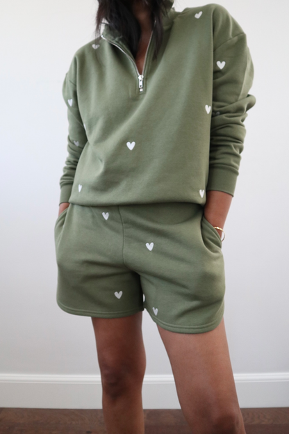 O&F Olive Heart Embroidered Quarter Zip Sweatshirt