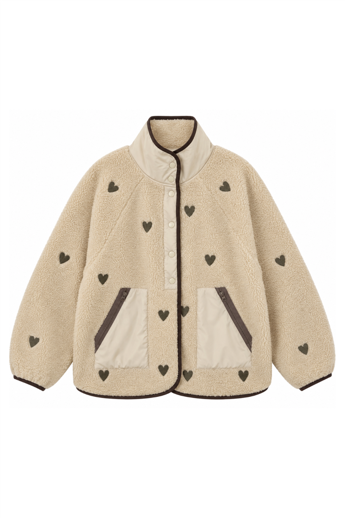 Sample: Heart Embroidered Fleece Jacket - Small - Oat and Brown