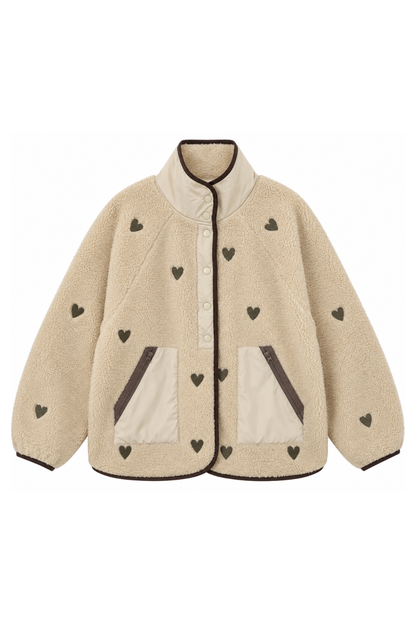 Sample: Heart Embroidered Fleece Jacket - Small - Oat and Brown