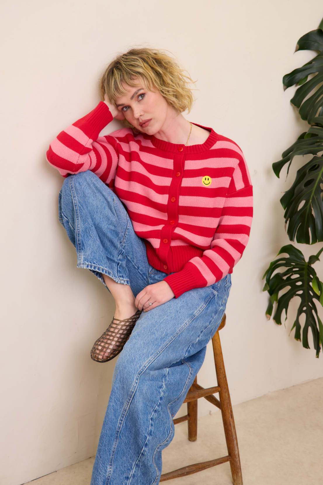 O&F Happy Face Stripe Cardigan - Pink
