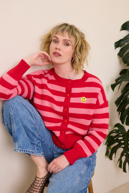 O&F Happy Face Stripe Cardigan - Pink