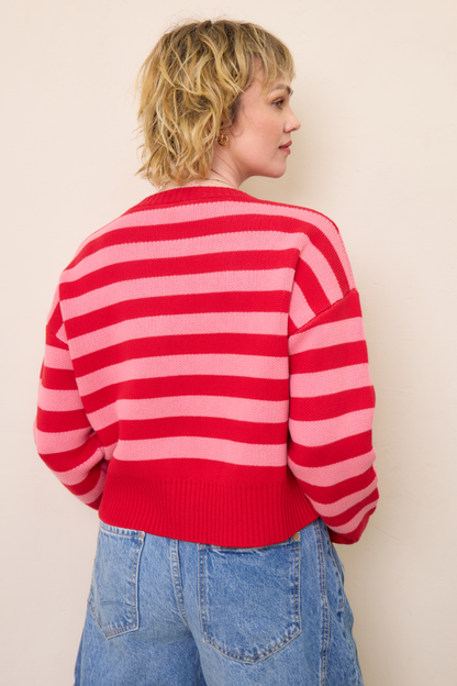 O&F Happy Face Stripe Cardigan - Pink