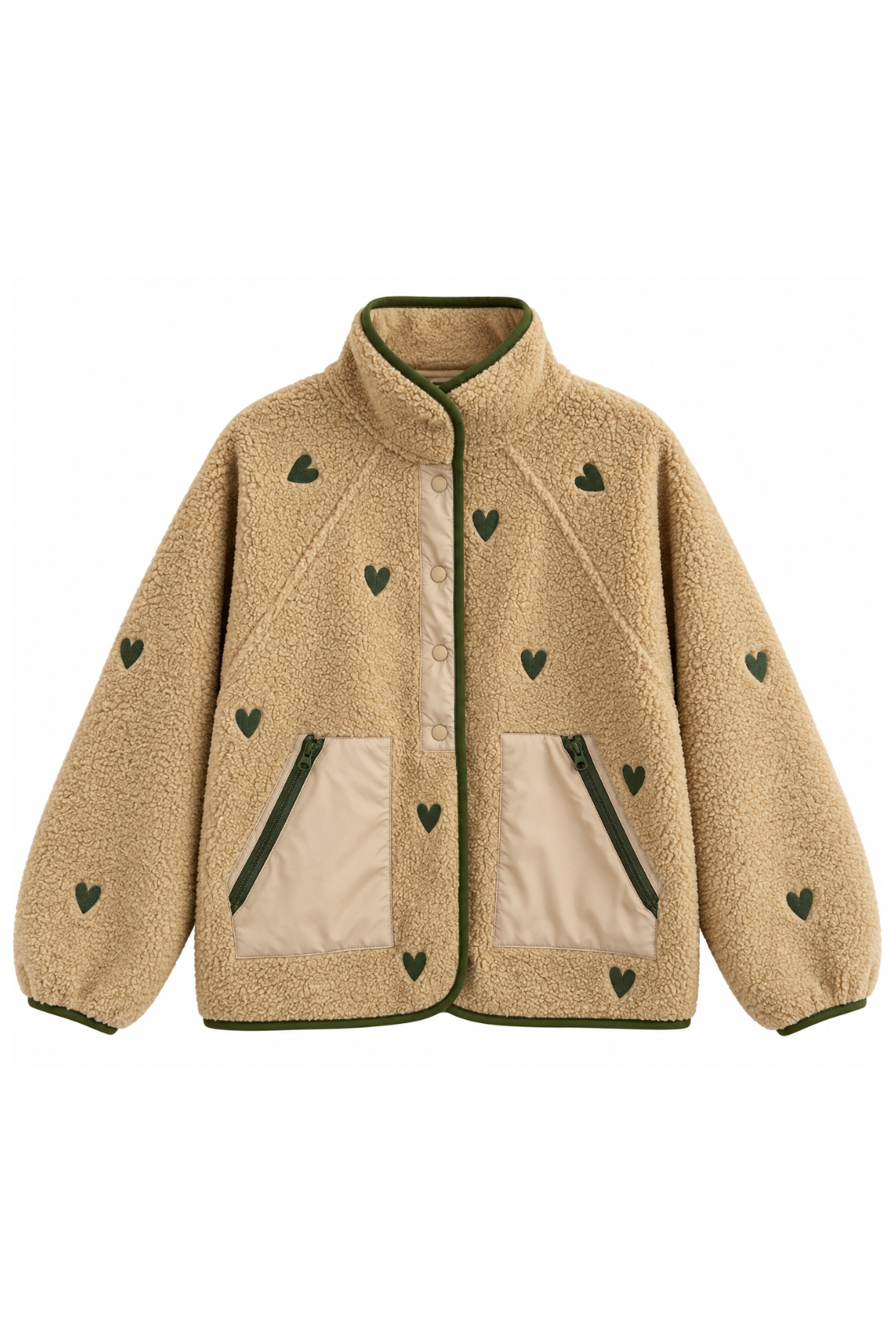 Sample: Heart Embroidered Fleece Jacket - Small - Oat and Green
