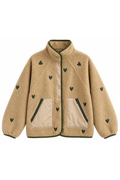 Sample: Heart Embroidered Fleece Jacket - Small - Oat and Green