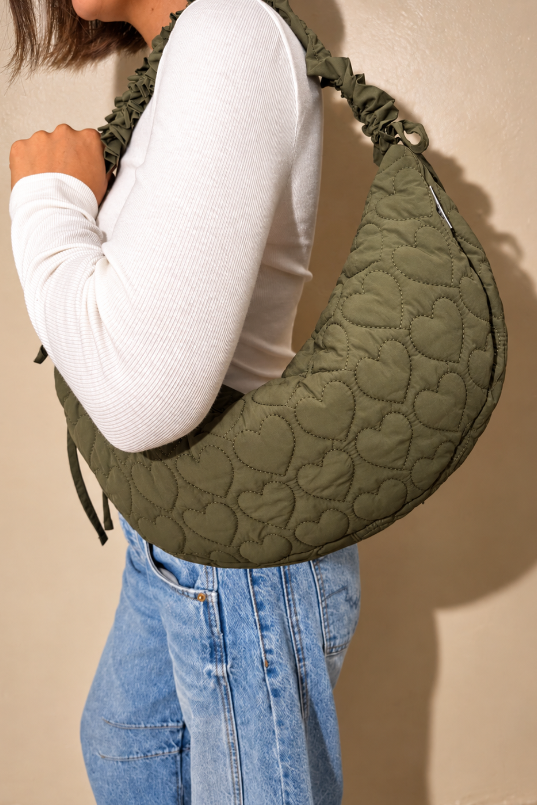 O&F Heart Quilted Sling Bag - Khaki