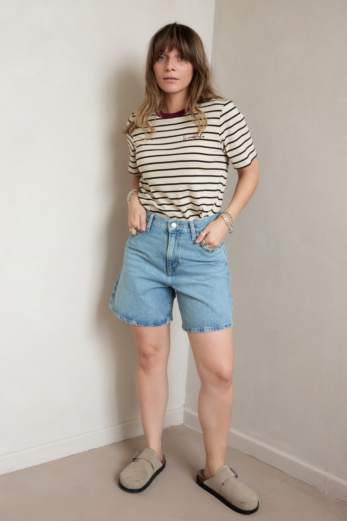 O&F Le Weekend Embroidered Short Sleeve Breton Tee