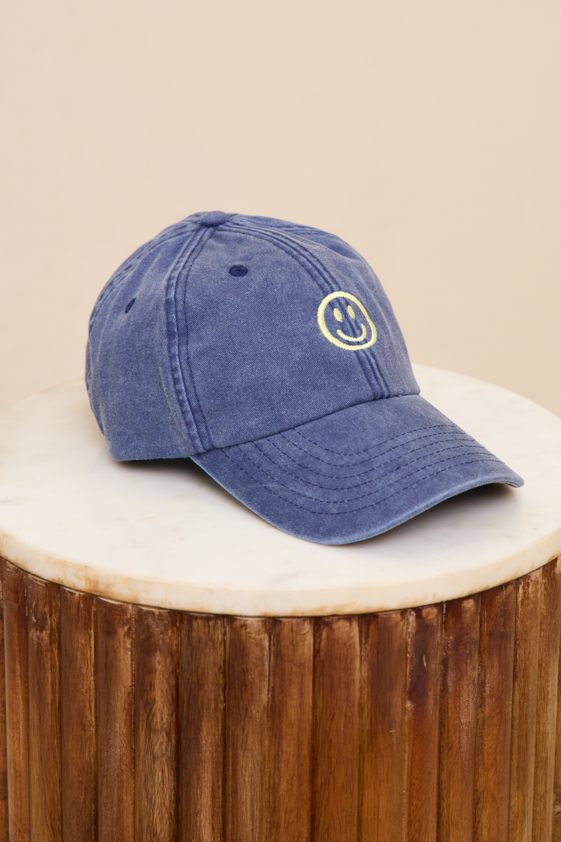 Happy Face Embroidered Cap - Navy