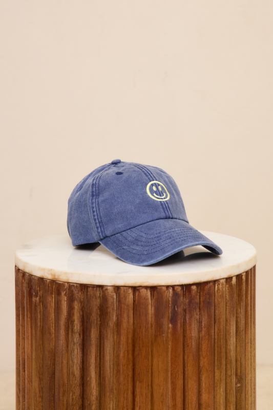 Happy Face Embroidered Cap - Navy