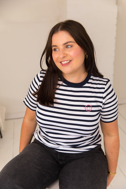 O&F Smiley Embroidered Short Sleeve Breton Tee