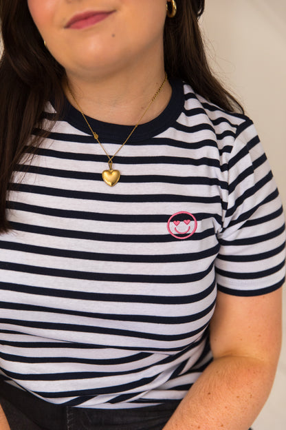 O&F Smiley Embroidered Short Sleeve Breton Tee