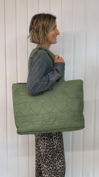 Quilted Heart Tote Bag - Olive Green