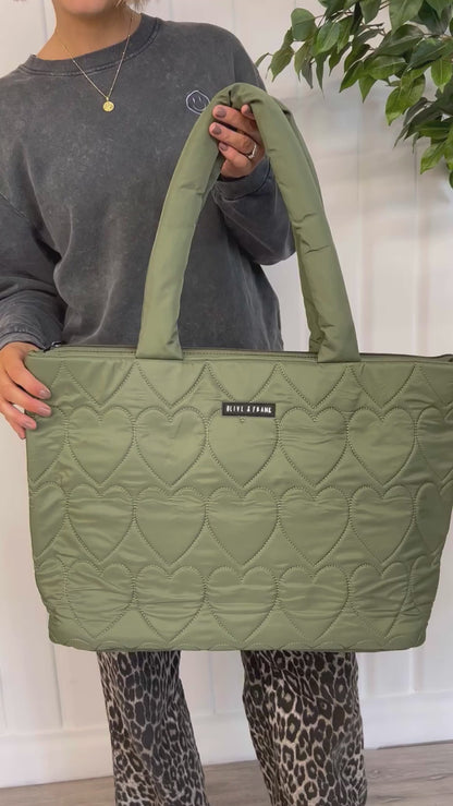 Quilted Heart Tote Bag - Olive Green