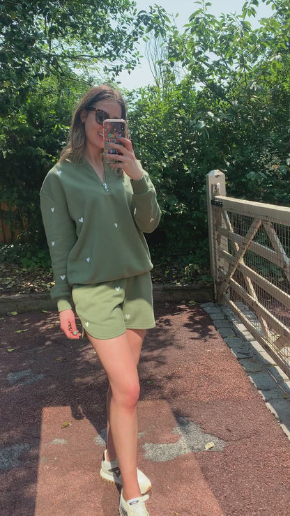 O&F Olive Heart Embroidered Quarter Zip Sweatshirt
