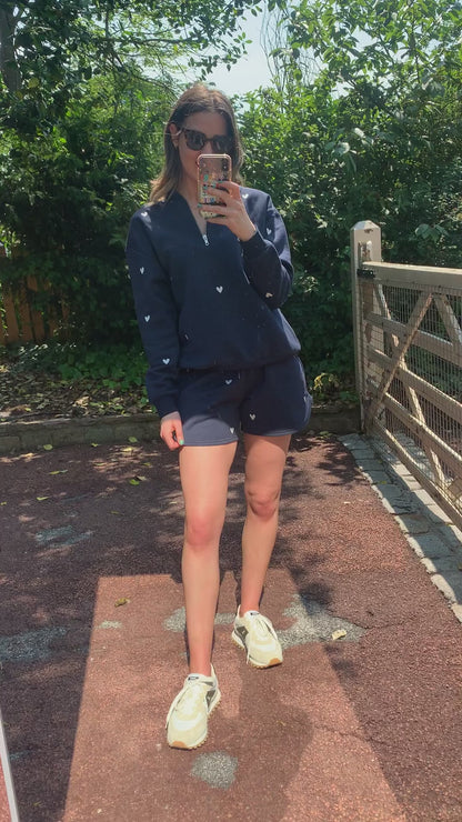 O&F Navy Heart Embroidered Quarter Zip Sweatshirt