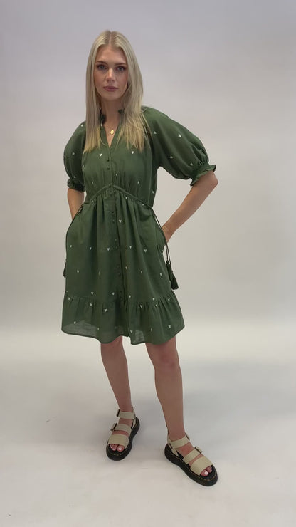 Pamela - Khaki Heart Embroidered Dress