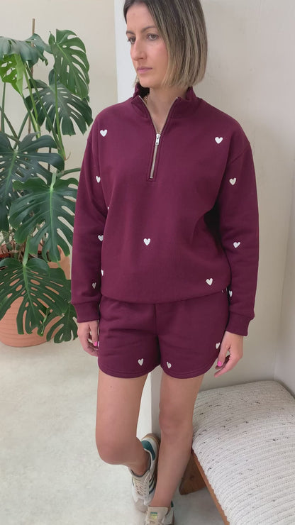 O&F Burgundy Heart Embroidered Shorts