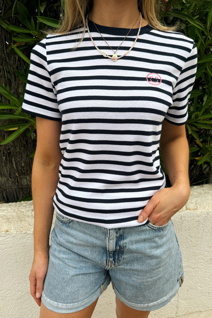 O&F Smiley Embroidered Short Sleeve Breton Tee