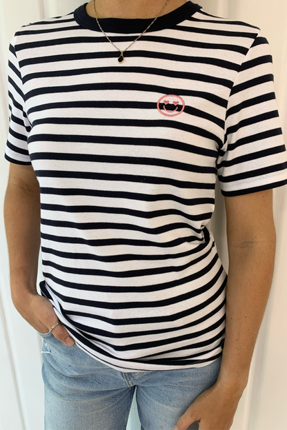 O&F Smiley Embroidered Short Sleeve Breton Tee