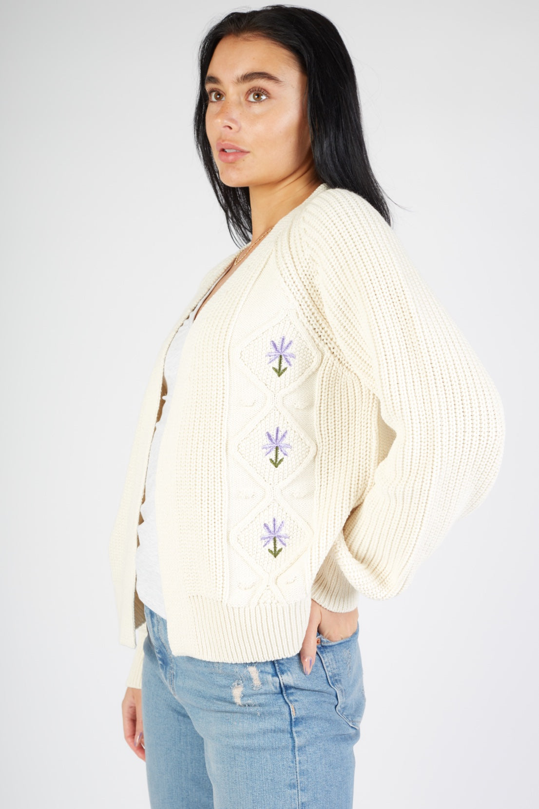 O F Aran Flower Embroidered Cardigan Cream Olive and Frank