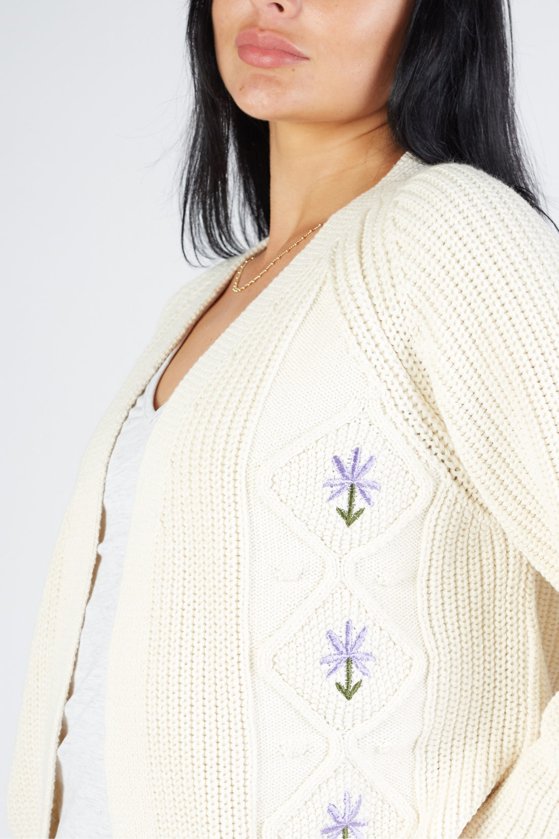 O&F Aran Flower Embroidered Cardigan - Cream