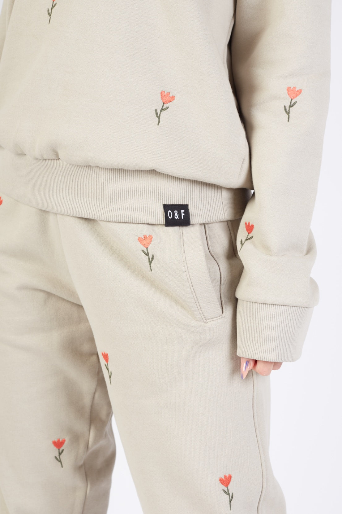 O&F Flower Embroidered Joggers - Sand