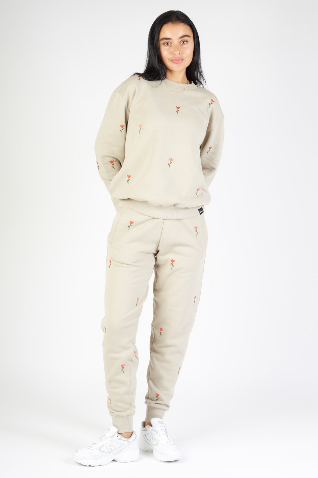 O&F Flower Embroidered Joggers - Sand