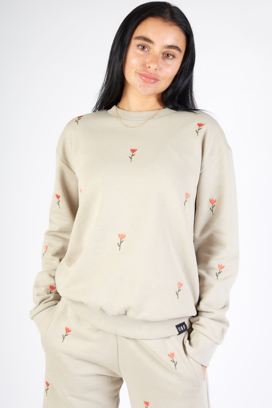O&F Flower Embroidered Sweatshirt - Sand