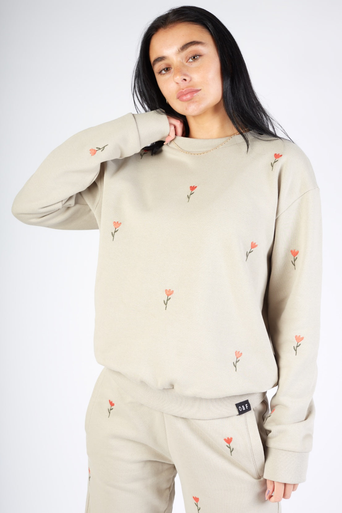 O&F Flower Embroidered Sweatshirt - Sand